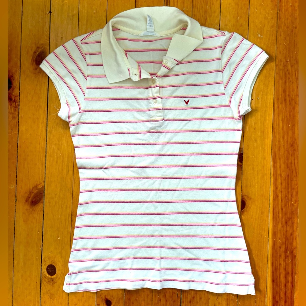 American Eagle Outfitters Yellow with Red, Pink,Yellow Stripped Polo size small